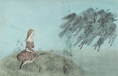 Kiki Smith (American, born Germany, 1954). <em>"Come Away from Her,"</em> 2003. Intaglio with hand applied watercolor, Sheet: 50 3/8 x 73 1/2 in. (128 x 186.7 cm). Brooklyn Museum, Gift of the Prints and Photographs Council, 2004.22. © artist or artist's estate (Photo: Brooklyn Museum, 2004.22_PS1.jpg)