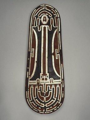 Guadalcanal Islander. <em>Ceremonial Shield</em>, before 1852. Basketry, nautilus shell, parinarium nut paste, pigment, 31 3/4 x 11 3/4 x 2 1/2 in. (80.6 x 29.8 x 6.4 cm). Brooklyn Museum, Frank L. Babbott Fund and Carll H. de Silver Fund, 59.63. Creative Commons-BY (Photo: Brooklyn Museum, 59.63_SL1.jpg)