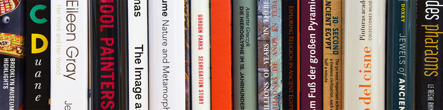 Books, with various titles and colors, on a long shelf